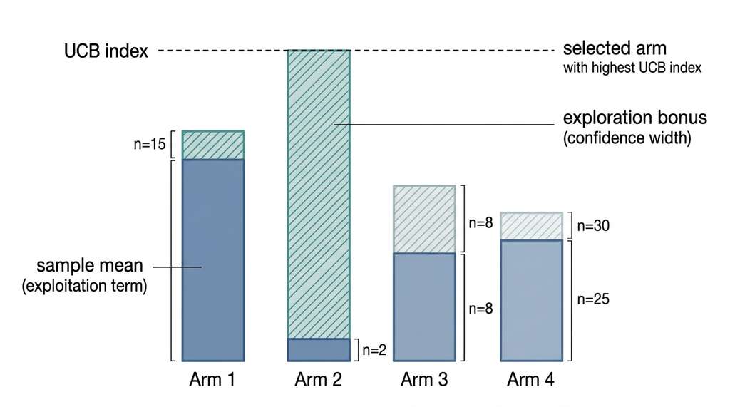 UCB arm selection balancing exploitation and exploration