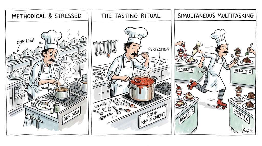 Three workflow topologies as three ways to cook a multi-course dinner: linear, iterative, branching