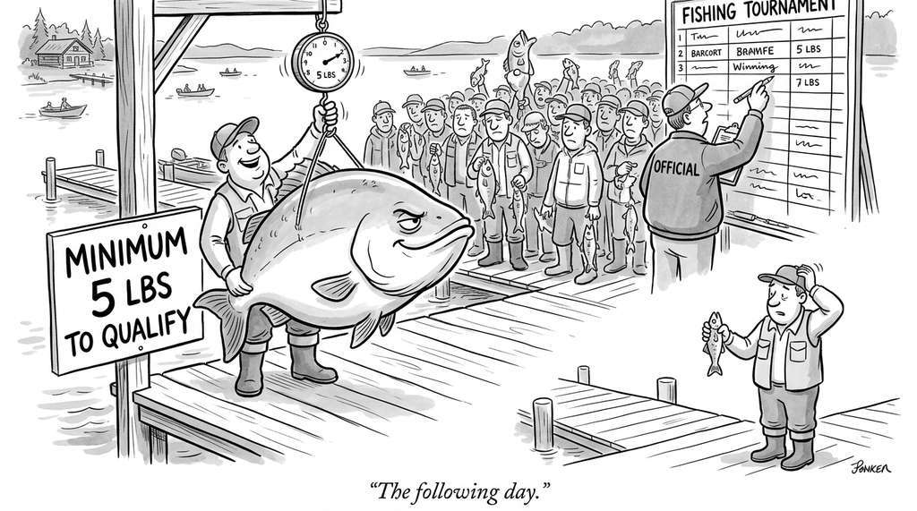 Winner's curse as a fishing tournament where the minimum weight cutoff filters for lucky outliers