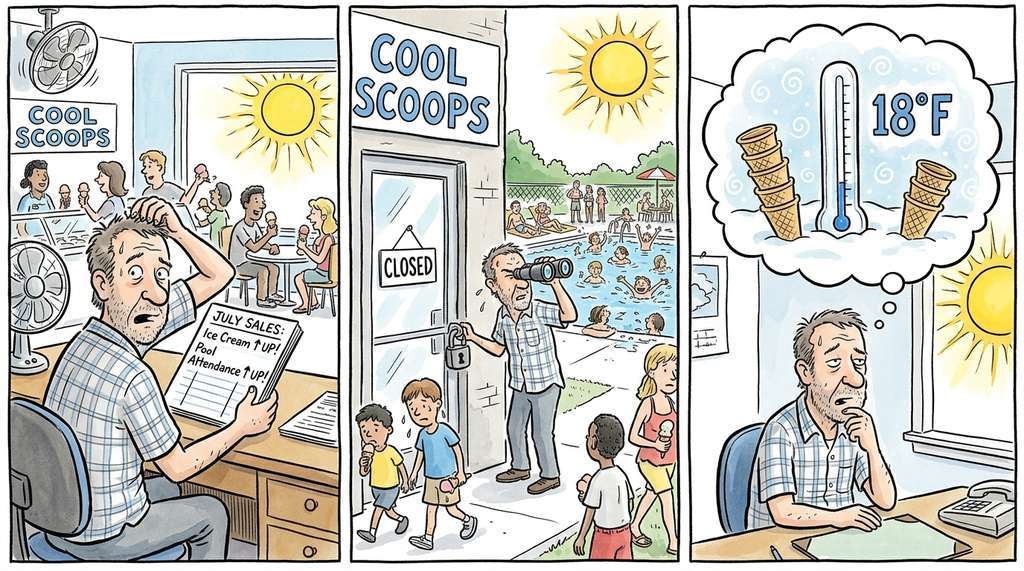 Pearl's three rungs of causation as three ways of reasoning about an ice cream shop on a hot day