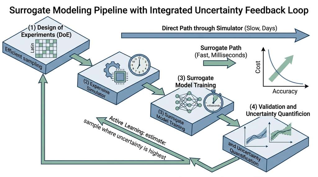 Surrogate modeling pipeline with uncertainty feedback loop