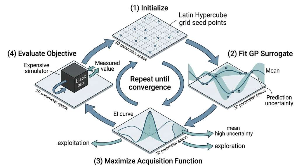 Active learning loop cycle with GP surrogate and EI acquisition