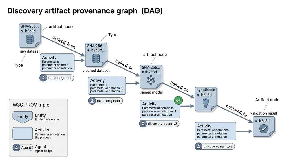 Artifact provenance DAG with PROV Entity-Activity-Agent triples