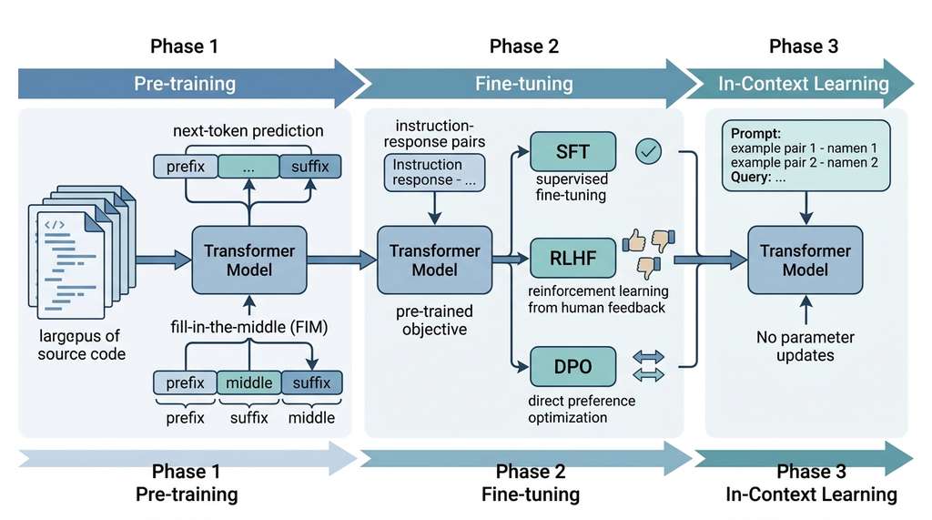 Three-phase training pipeline of code foundation models