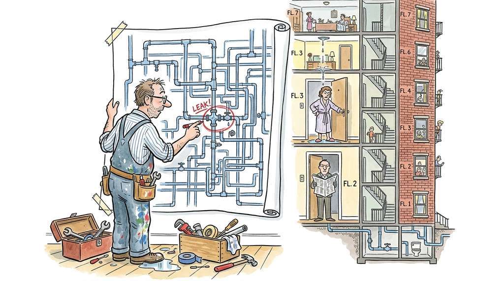 Issue-to-patch pipeline as a plumber diagnosing a leak by tracing the building's pipe diagram