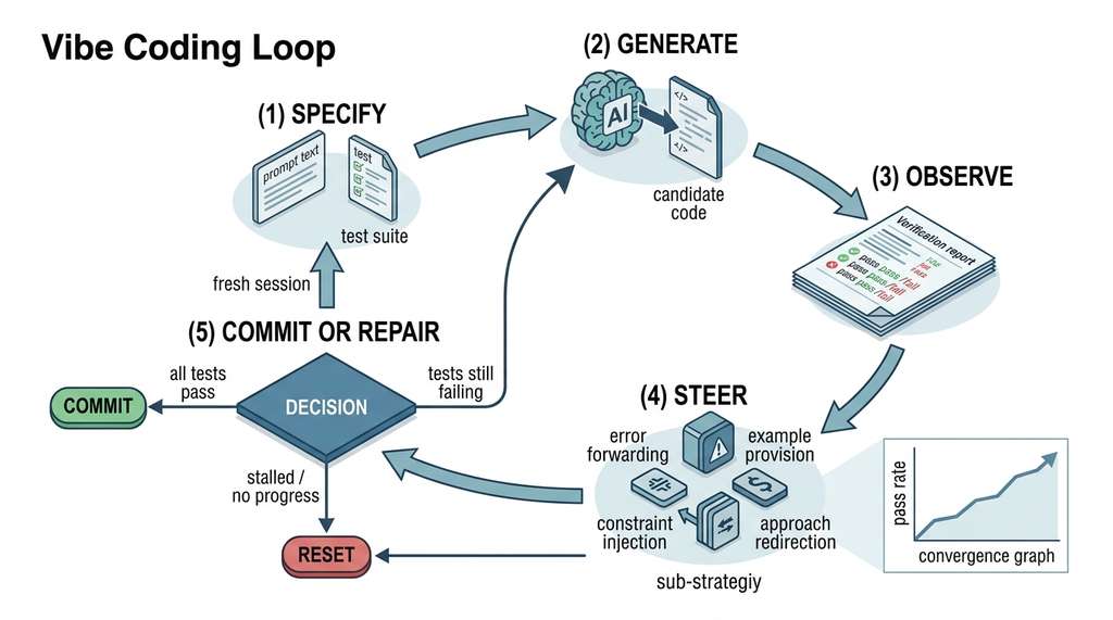 The five-phase vibe coding loop with decision branches