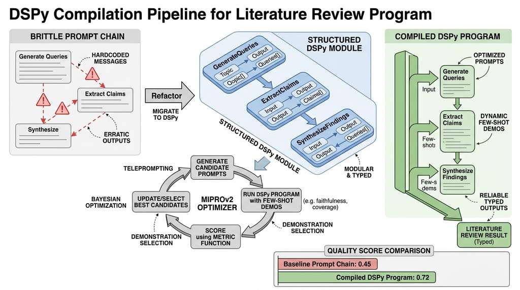 DSPy compilation pipeline from brittle prompt chain to compiled program