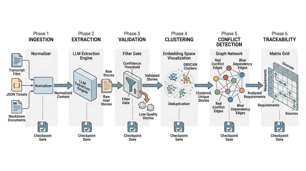 Six-phase requirement discovery pipeline architecture