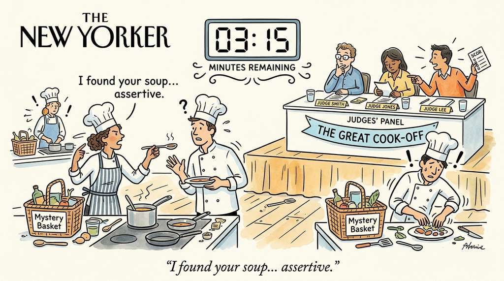 Structured debate as a Chopped-style competitive cooking show with mandatory critique rounds