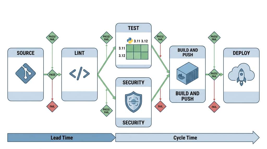 CI/CD pipeline stage-gate architecture with parallel fan-out and fan-in
