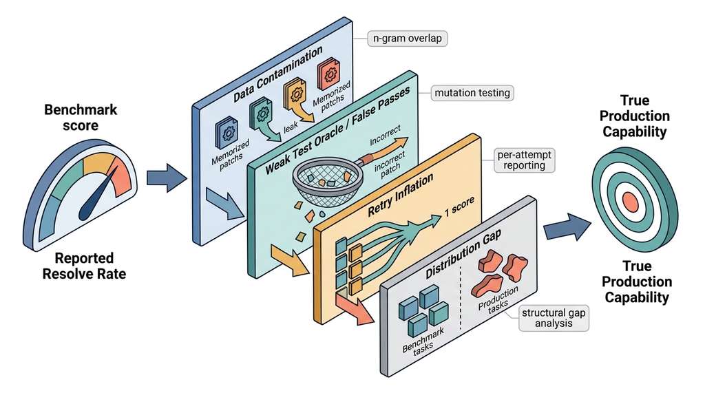 Validity threat layers between benchmark score and production performance