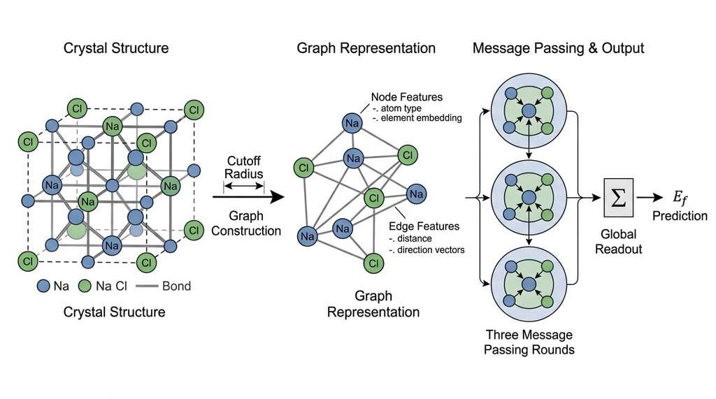 Crystal-to-graph conversion and GNN message passing for formation energy prediction