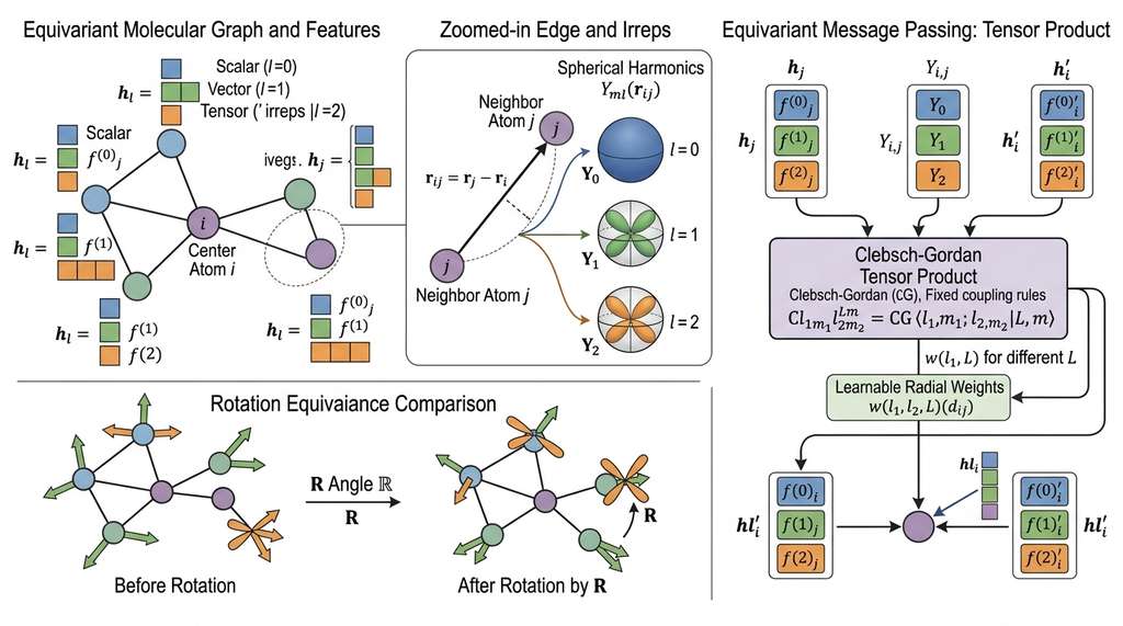 Equivariant message passing with tensor products and spherical harmonics