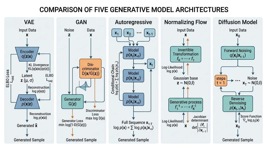 Generative architecture comparison: VAE, GAN, Autoregressive, Normalizing Flow, and Diffusion