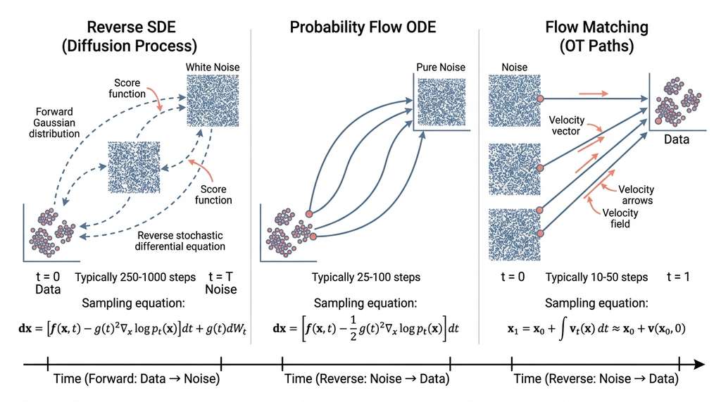 Forward and reverse diffusion process with probability flow ODE and flow matching comparison