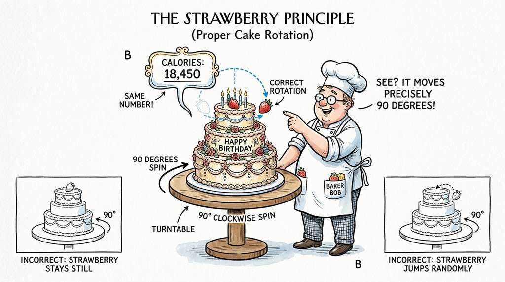 Invariance vs equivariance as a cake on a turntable: calories stay the same but the strawberry moves with the spin
