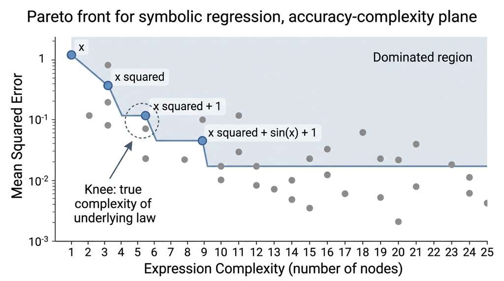 Pareto front of symbolic expressions in the accuracy-complexity plane