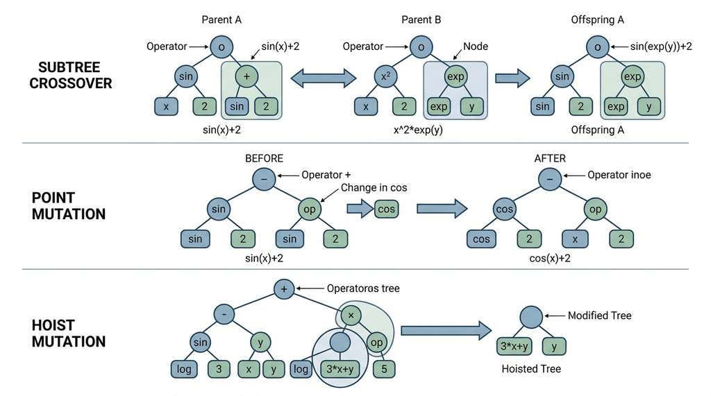 GP expression tree crossover and mutation operators