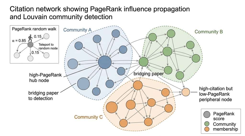 Citation network with PageRank influence propagation and Louvain community structure