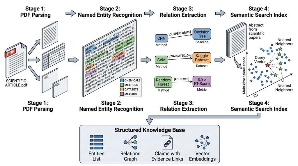 Knowledge extraction pipeline from PDF to queryable knowledge base