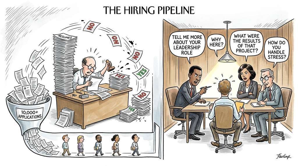 Two-stage retrieval as hiring: quick resume screen of thousands, then intensive panel interview of the shortlist