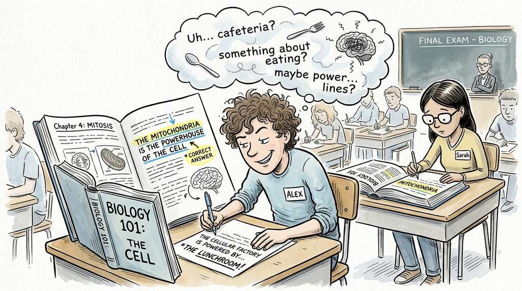 RAG hallucination as a student with an open textbook who still writes wrong answers by misreading or guessing