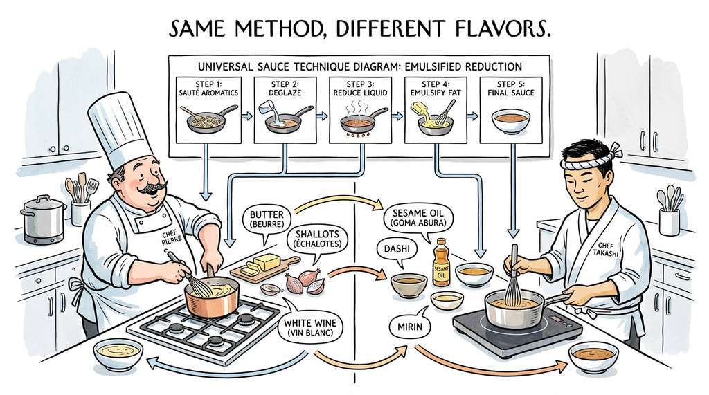 Analogical transfer as translating a French sauce recipe to Japanese cooking by preserving the technique and swapping ingredients