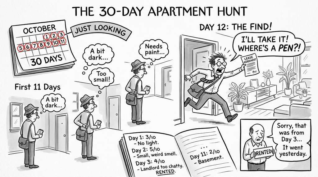 Optimal stopping (37% rule) as apartment hunting: tour without commitment first, then grab the first one better than all you saw