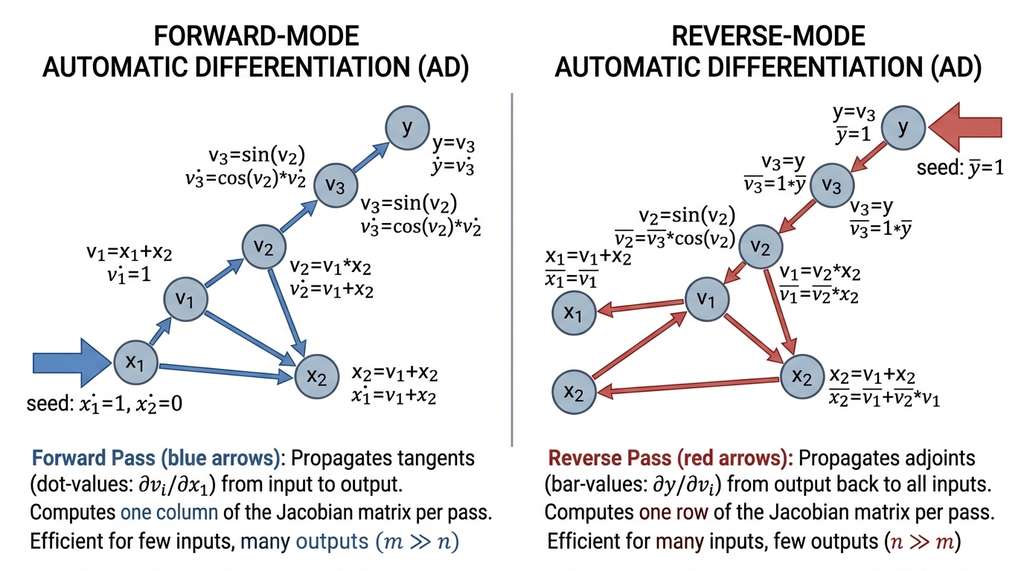 Forward-mode vs reverse-mode AD on a computational graph