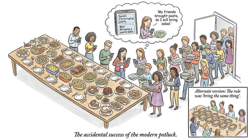 Agent-based model emergence as a potluck dinner where each guest's simple rule produces a balanced spread nobody planned