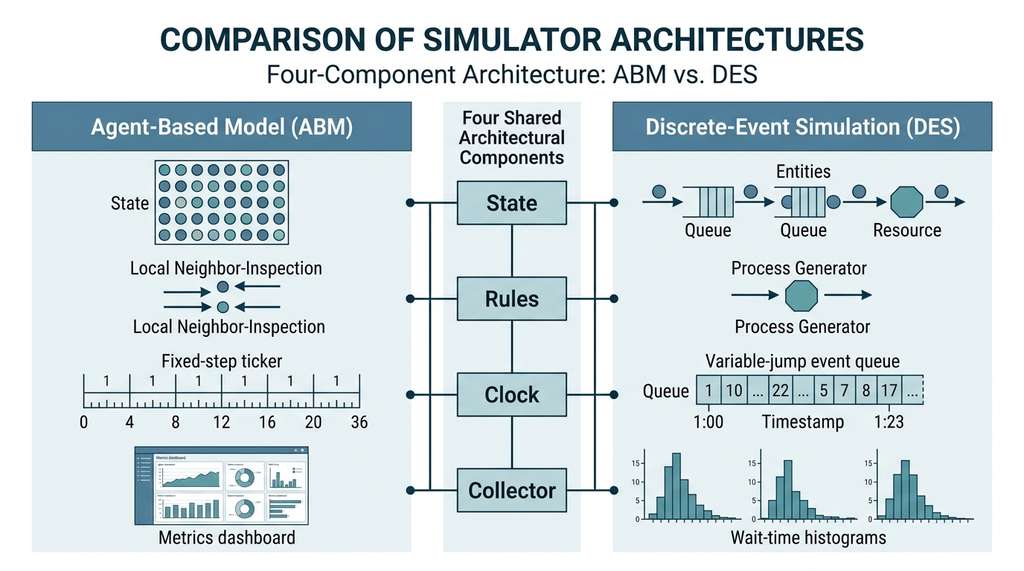 Simulator architecture: state-rules-clock-collector with ABM vs DES instantiation