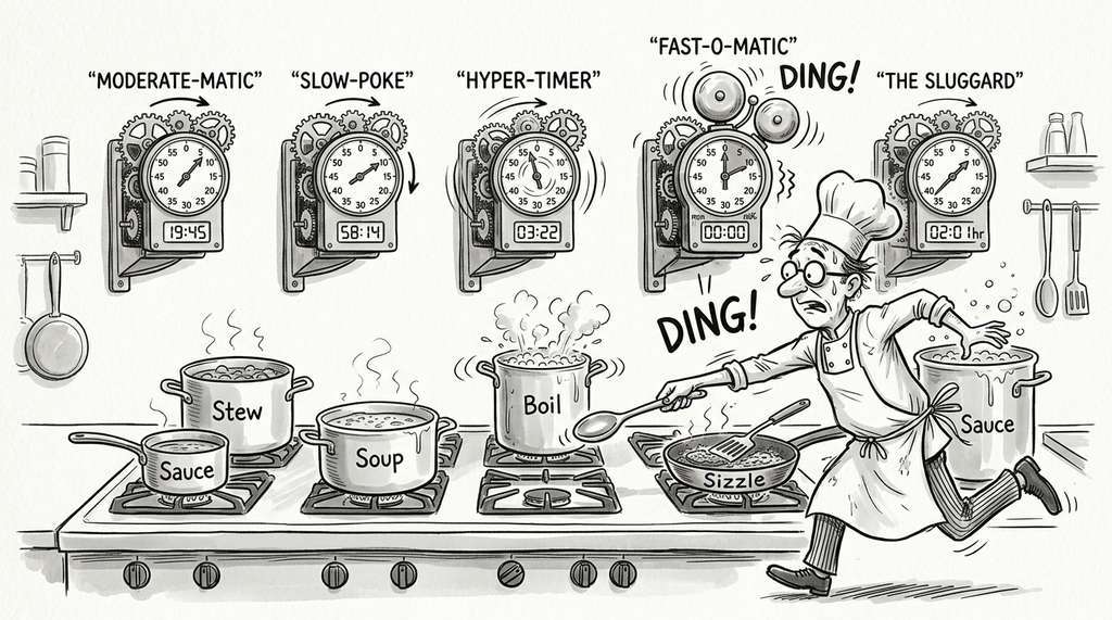 Gillespie algorithm as a kitchen with several dishes on different burners, each with its own variable-speed timer