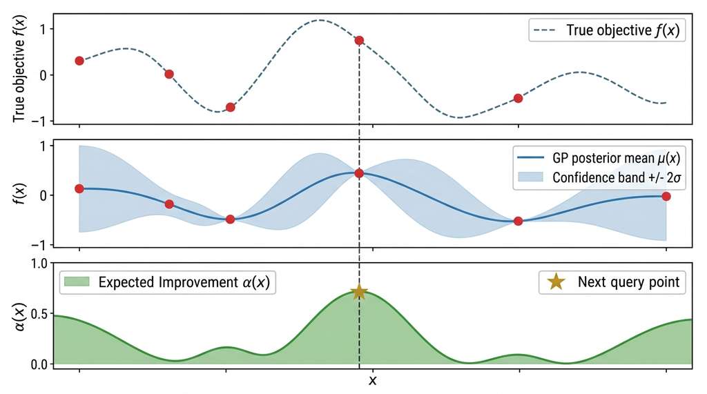 Bayesian optimization loop with GP surrogate and acquisition function