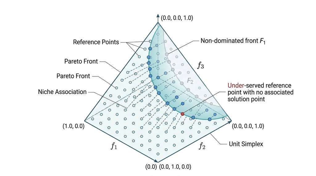 NSGA-III reference-point decomposition on Pareto front