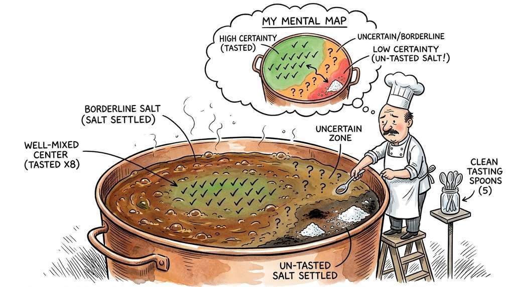 Active learning as a chef tasting a large pot of soup with limited clean spoons, strategically targeting ambiguous regions