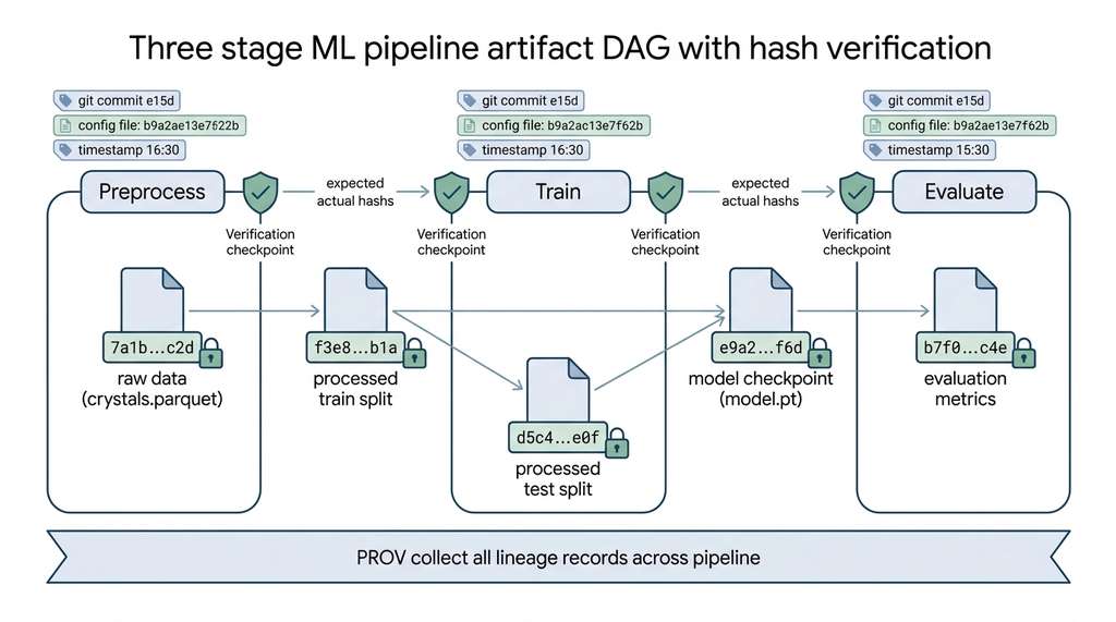 Three-stage artifact DAG with hash verification