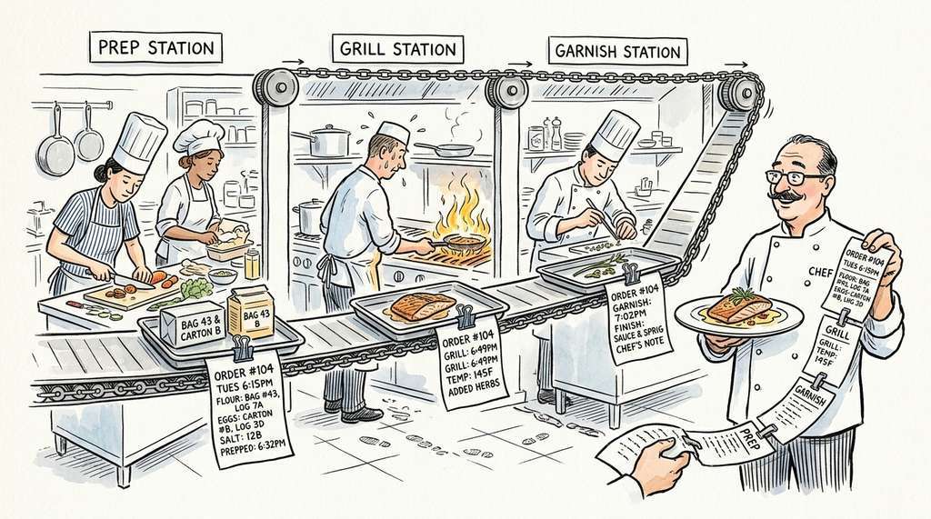 Artifact DAG as a restaurant kitchen order ticket system tracing ingredients through stations to the final plate