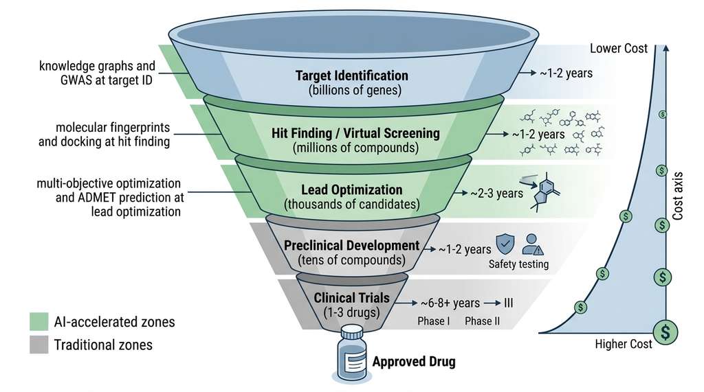 Drug discovery pipeline funnel with AI intervention points