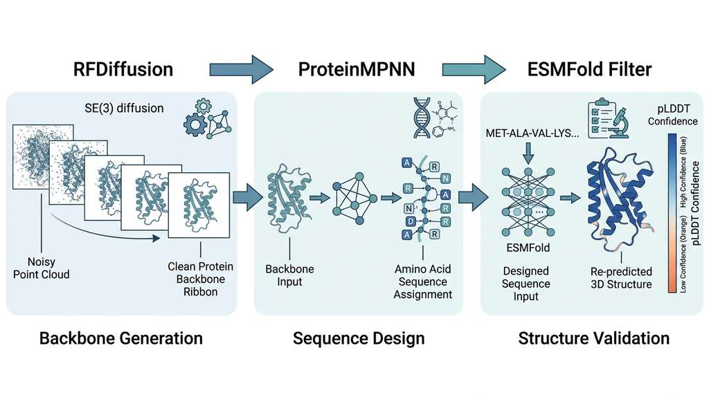 Protein design pipeline from backbone generation to sequence validation
