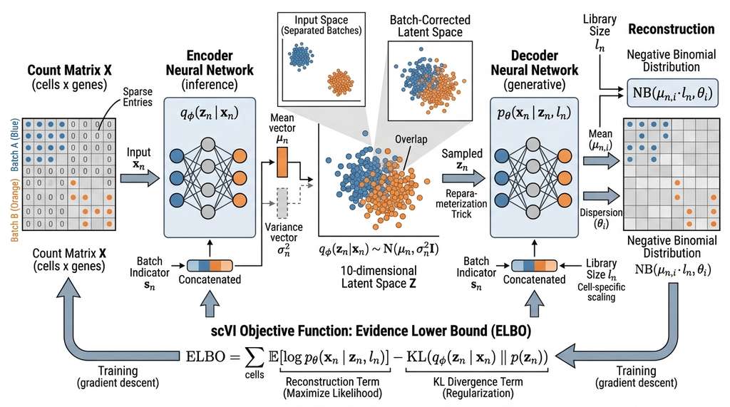 scVI variational autoencoder architecture for single-cell batch correction
