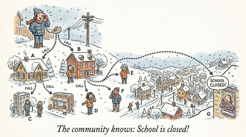 Graph neural network message passing as a telephone tree during a school snow day