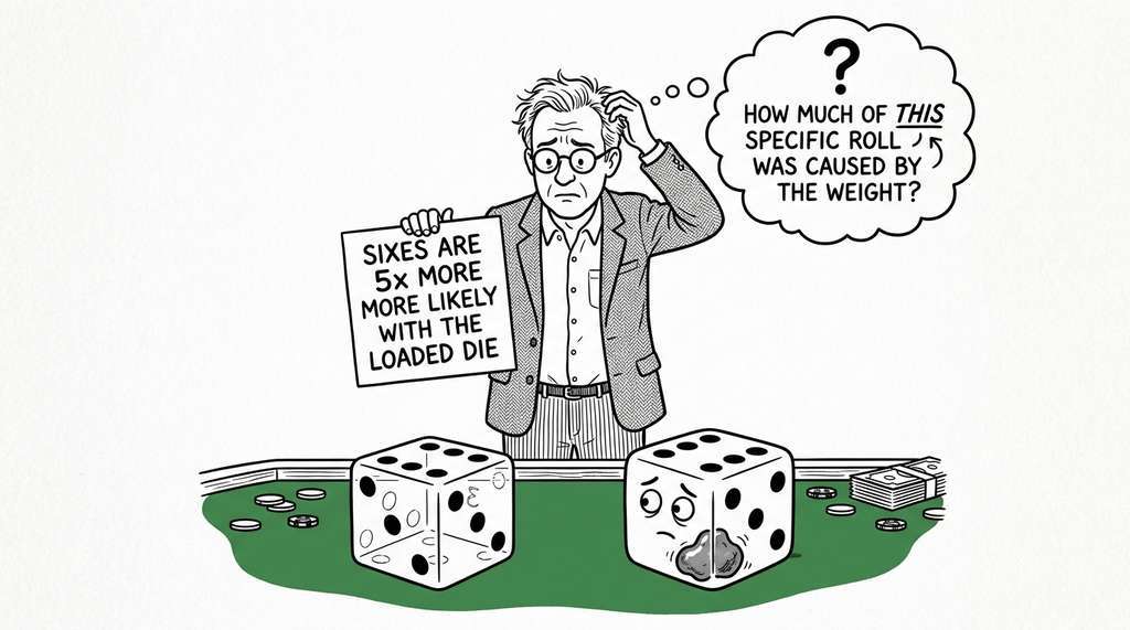 Climate event attribution as a loaded die: tampering made sixes five times more likely, but you cannot say what fraction of any single roll was caused by the loading