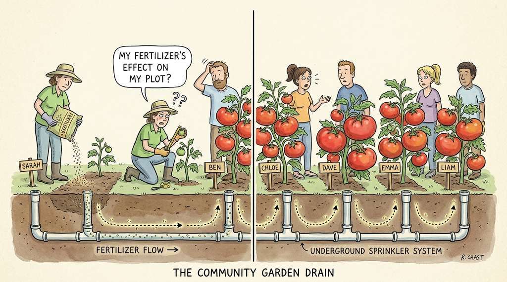SUTVA violations as fertilizer dissolving into a shared garden sprinkler system and feeding every plot downstream