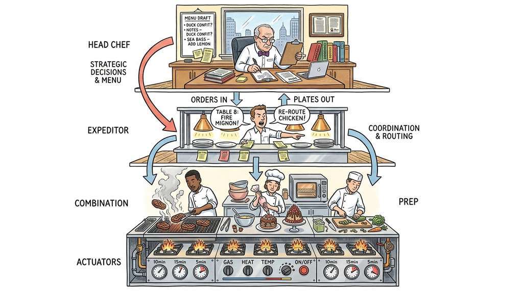 Laboratory automation stack as a restaurant kitchen with actuators (burners), instruments (stations), orchestration (expeditor), and intelligence (head chef) layers