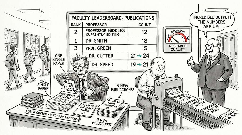 Goodhart's Law as a university ranking professors by publication count, causing them to split one good paper into three thin ones