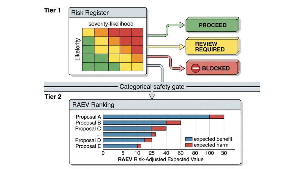 Two-tier safety decision framework combining risk register disposition with RAEV ranking