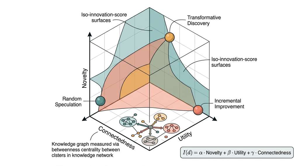 Innovation scoring framework with novelty, utility, and connectedness dimensions