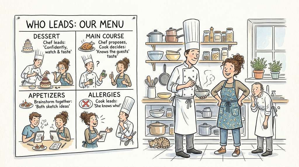 Initiative allocation as a home cook and pastry chef deciding who leads each course based on competence and stakes